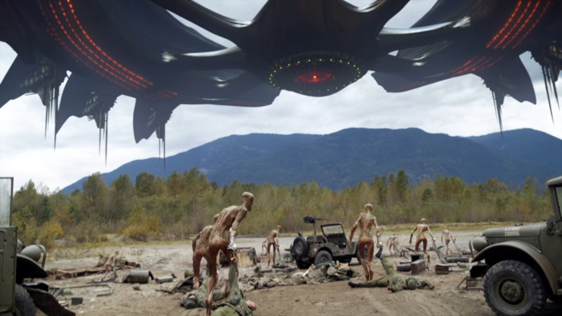 des Dominators enlevant des soldats et un vaisseau alien